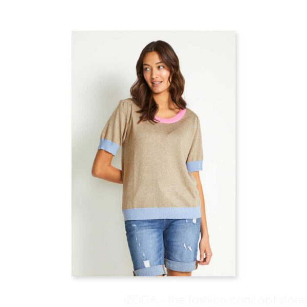 Feinstrick-Pullover mit farblich abgesetztem Saum an Kragen, Bund und Ärmeln - Dune Melange Mix 75-50108651-500153